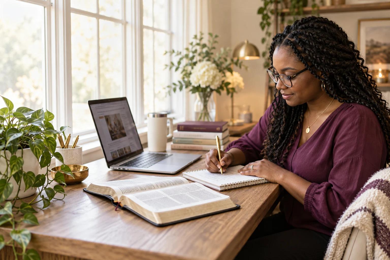 A learner studying the Bible and taking notes beside her laptop